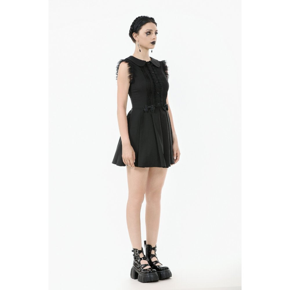 Close-up of the lace trim and pintuck detailing on the bodice of Dark In Love Gwendolyn Black Mini Dress, highlighting its feminine elements.