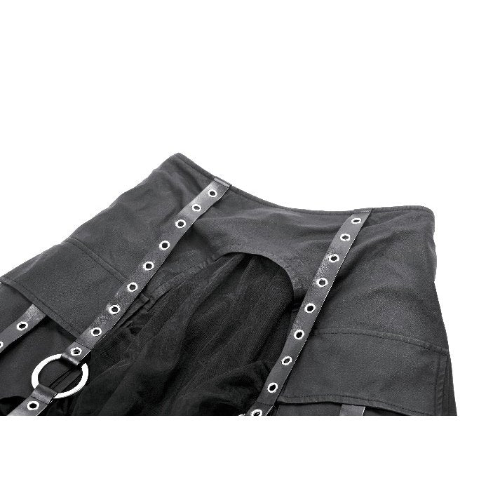 High-waisted black gothic skirt featuring layered mesh design and ruffle trim, showcasing the intricate buckle strap details.