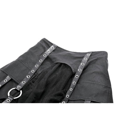 High-waisted black gothic skirt featuring layered mesh design and ruffle trim, showcasing the intricate buckle strap details.