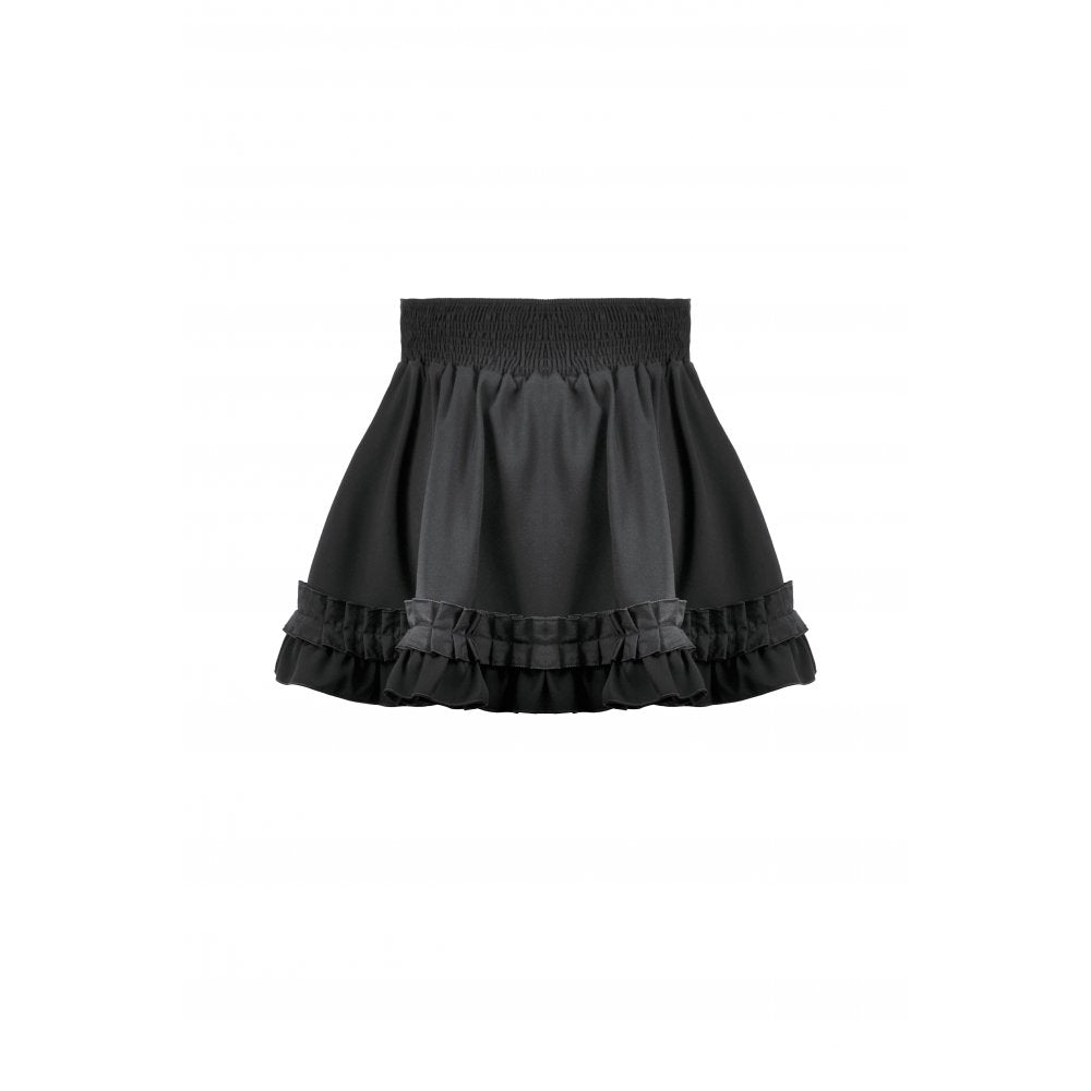 Back view of the fitted black mini skirt with a structured silhouette and zipper closure, perfect for adding elegance to any gothic wardrobe.