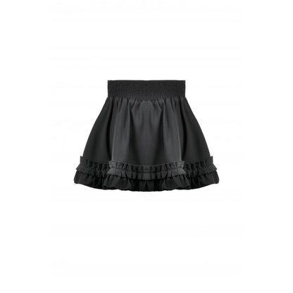 Back view of the fitted black mini skirt with a structured silhouette and zipper closure, perfect for adding elegance to any gothic wardrobe.