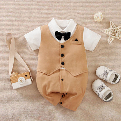 Alternate Baby Boy Jumpsuit in a tan colour, showcasing a sophisticated short-sleeve design with a bow tie, complementing the elegant style of the Gentleman Baby Boy Jumpsuit.