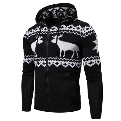 Stylish view of the Men's Reindeer Knit Zipper Hoodie Sweater emphasizing the lapel collar and slim-fit design.
