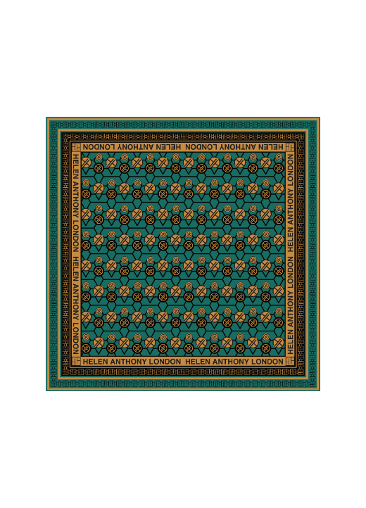 Luxury 100% twill silk monogram scarf by Helen Anthony featuring a sophisticated geometric pattern, measuring 90 x 90 cm, perfect for elegant styling.