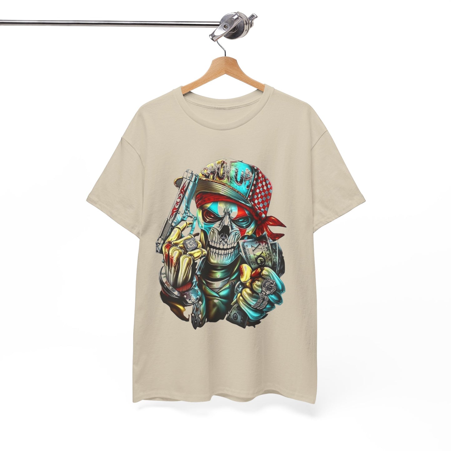 MEN'S FUNNY T-SHIRT WITH STYLIZED SKULL, BANDANA, AND GANGSTA GRAPHIC DESIGN