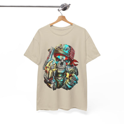 Luxurious men's t-shirt featuring a vibrant stylized skull graphic wearing a baseball cap and bandana, embodying an edgy gangsta aesthetic, perfect for modern streetwear.