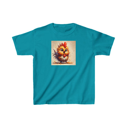 Sophisticated Child's Unisex Cartoon Bird Graphic Cotton Tee in teal, featuring a delightful cartoon rooster illustration, perfect for trendy youngsters.