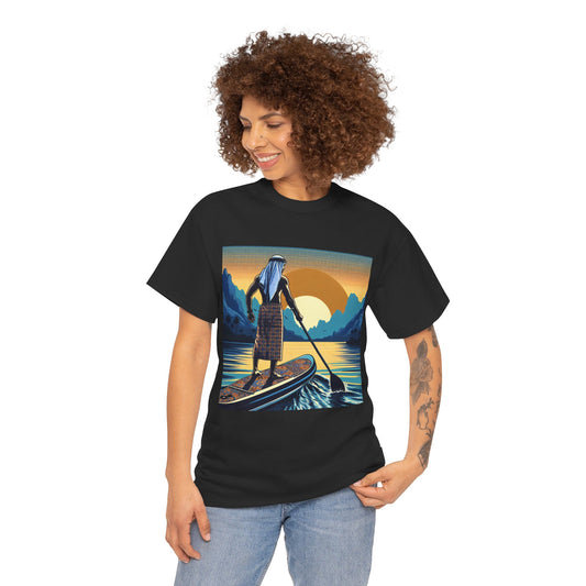 Delightful Paddle Board T-Shirt in elegant black, featuring captivating paddleboarding artwork against a serene sunset. Ideal for adventurers seeking stylish and comfortable apparel for outdoor activities.