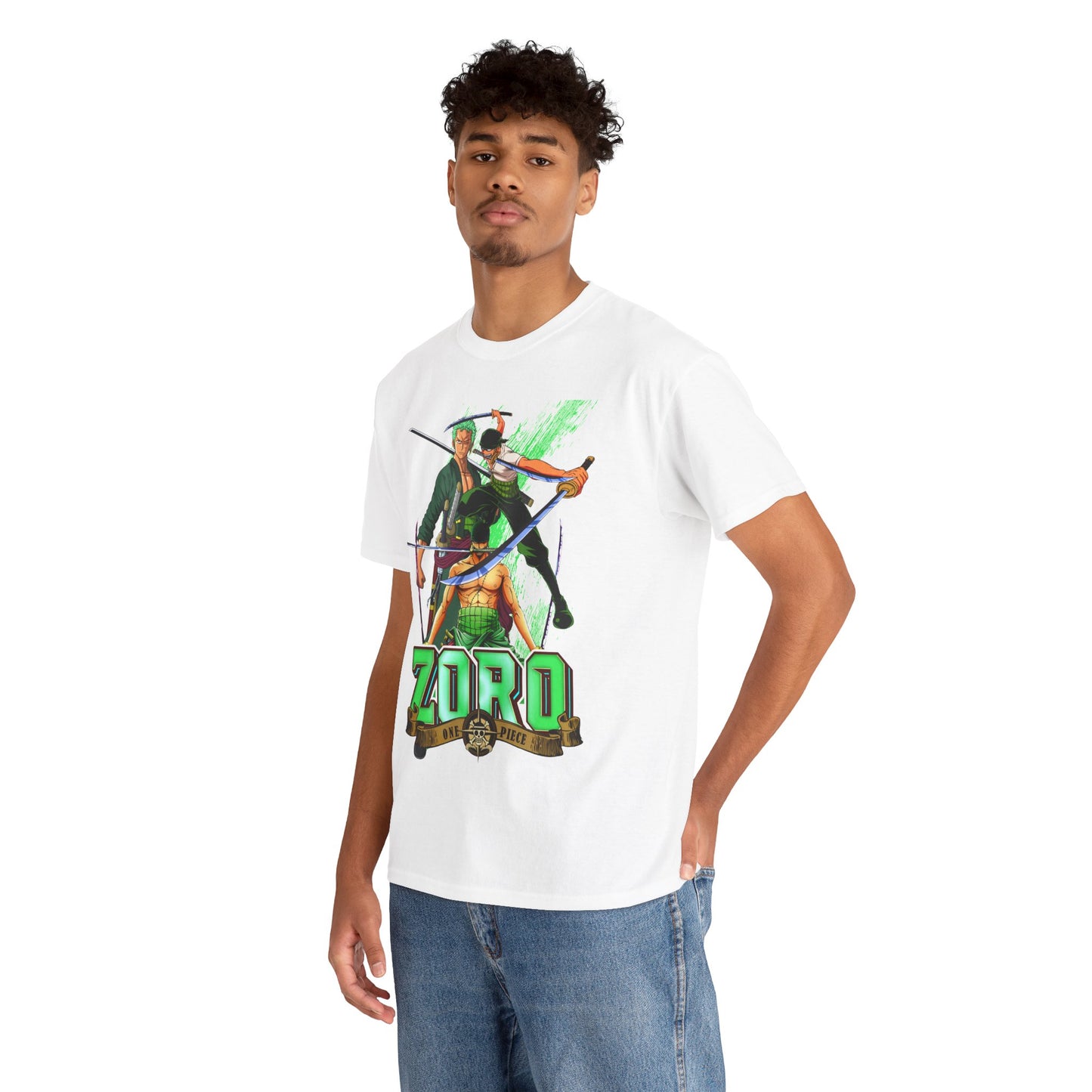 Elegantly designed One Piece Yonko t-shirt featuring striking graphics of Zoro, illustrated in vibrant colours, ideal for anime enthusiasts.