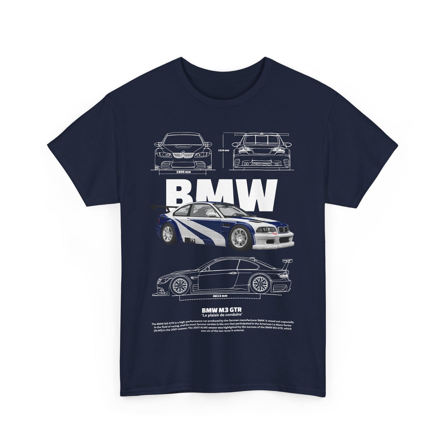 Striking navy blue men's T-shirt adorned with a detailed graphic of the BMW M3 GTR and technical sketches, celebrating automotive excellence.