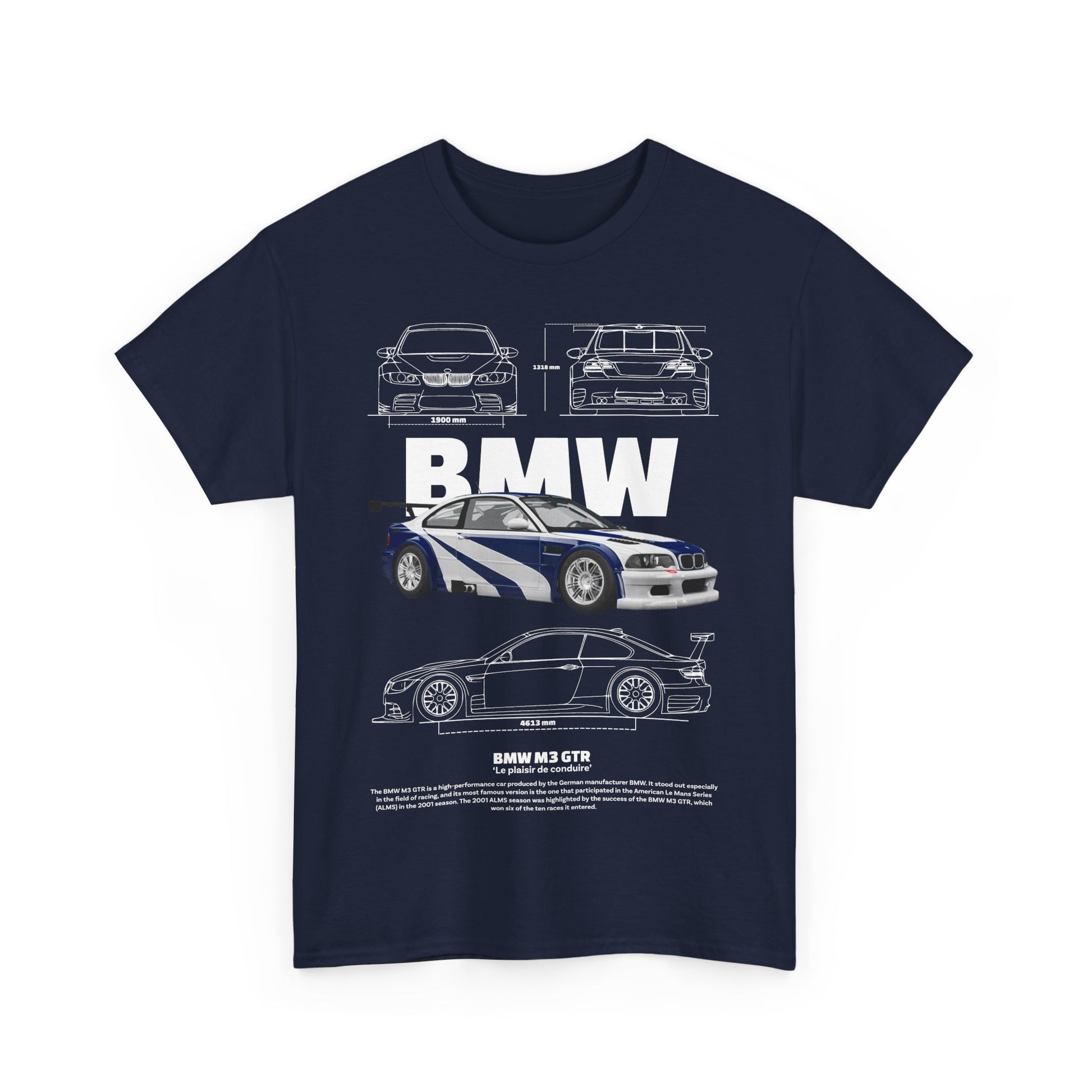 Striking navy blue men's T-shirt adorned with a detailed graphic of the BMW M3 GTR and technical sketches, celebrating automotive excellence.