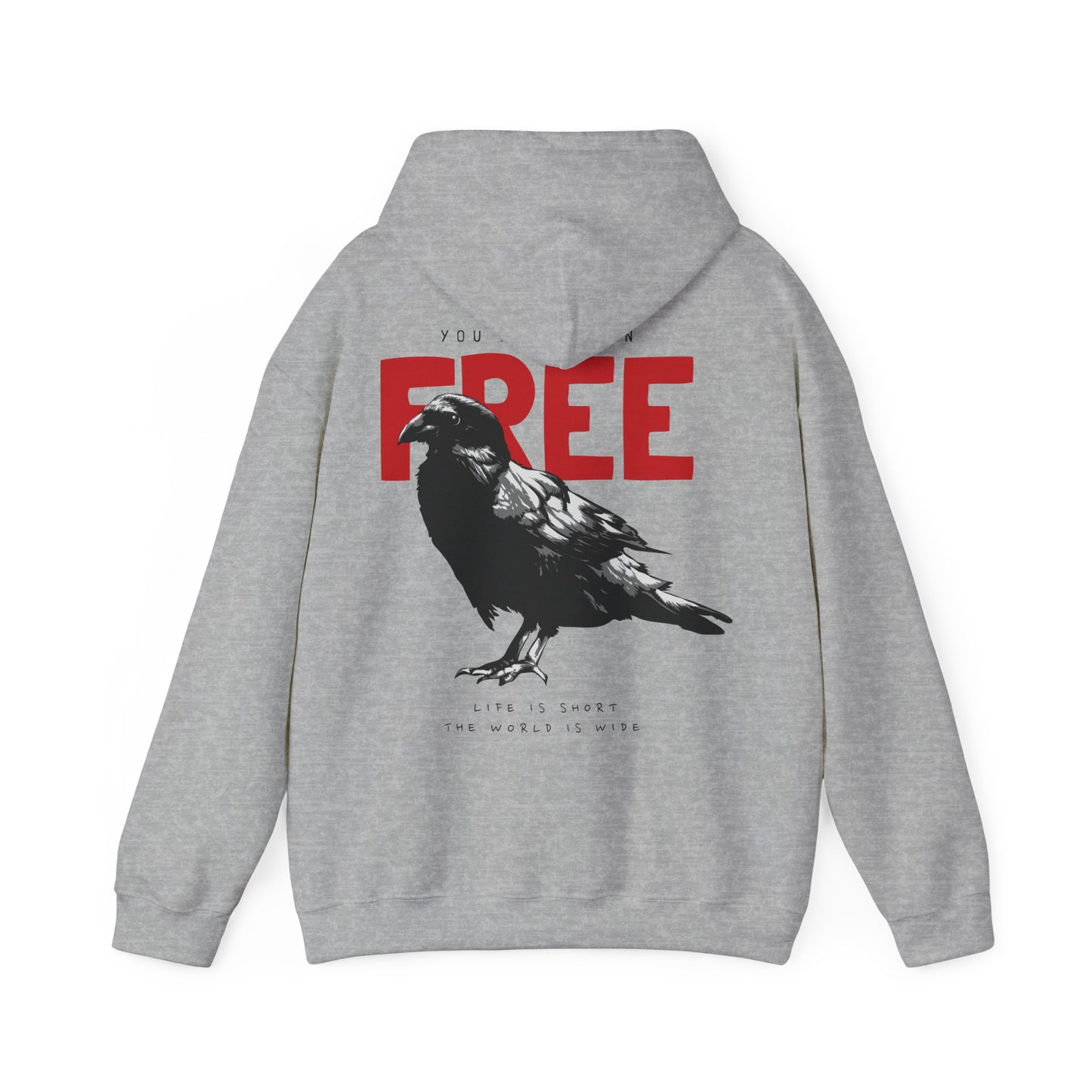 Chic grey hoodie adorned with a dramatic raven graphic and bold red 'YOU WERE BORN FREE' slogan. This stylish piece combines art and comfort, making it a perfect choice for an upscale casual outfit.