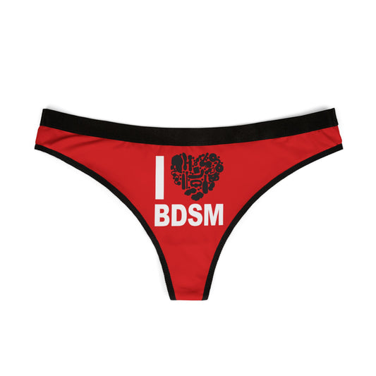 Luxury women's thong featuring a bold 'I love BDSM' print, elegantly designed in vibrant red with graphic elements.