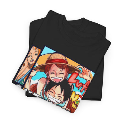 Luxurious black men's T-shirt featuring a vibrant collage of beloved manga characters from One Piece, showcasing the spirit of adventure and camaraderie.