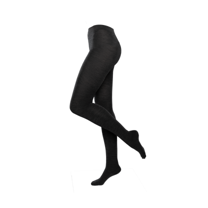 Model wearing luxurious organic wool and cotton tights, demonstrating their breathable softness and sophisticated design.