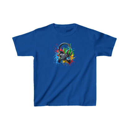 Unisex Children's Gaming Graphic Cotton Tee in royal blue showcasing an eye-catching graphic of a gaming headset and controller, ideal for stylish young gamers.