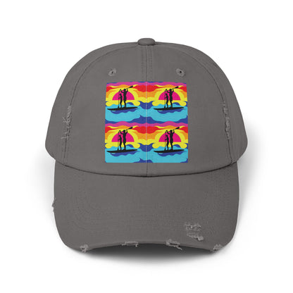 Unisex Distressed Paddleboarders Cap featuring a unique fantasy design with colourful paddleboarding art, ideal for style and sun protection during outdoor activities.