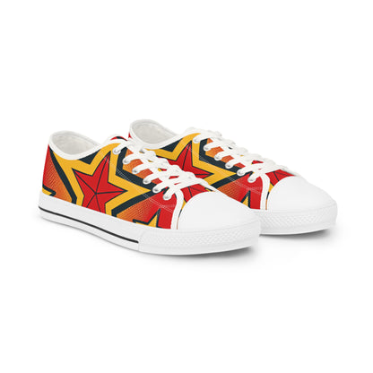 Electra Boltfield Men's Low Top Pop Art Sneakers in vibrant red with bold yellow stars, a stylish creation by Dazzling Dreams Studio, perfect for trendy fashion enthusiasts.