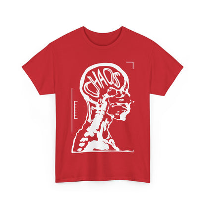 CHAOS Graphic Unisex T-Shirt in Premium Cotton crafted with a striking black and white X-ray design of a human head, prominently featuring the term 'CHAOS' for a bold fashion statement.