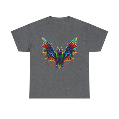 Radiant Evolution Bat Tee - Unisex cotton t-shirt with an artistic bat design in dynamic rainbow colours on a dark grey base, ideal for an elegant casual look.