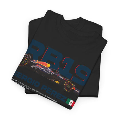 Stylish folded Men's Red Bull RB19 F1 Racing T-shirts in black showcasing Sergio Perez design, perfect for sophisticated fans.