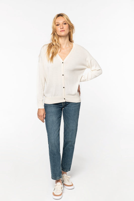 Luxury organic cotton and TENCEL cardigan for women, showcasing its relaxed fit and stylish dropped shoulders.