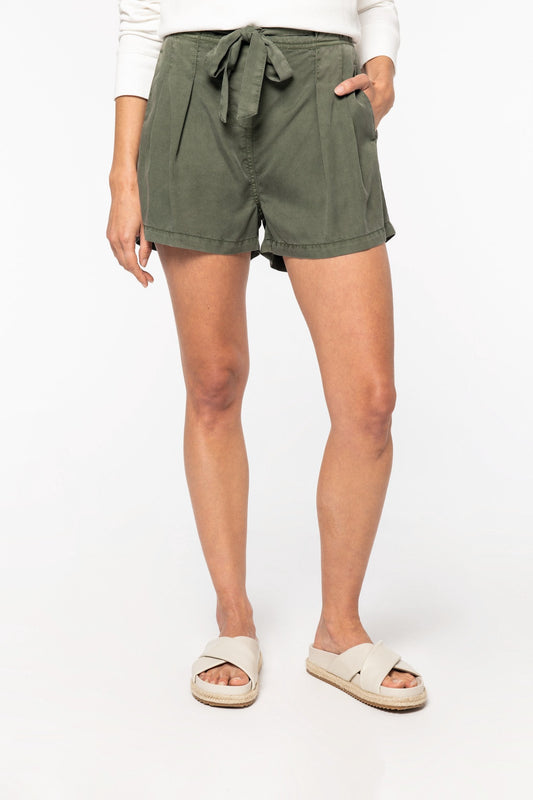 Stylish garment-dyed women's flared shorts made from 100% TENCEL™ Lyocell, showcasing a semi-elasticated waistband for ultimate comfort and chic design.
