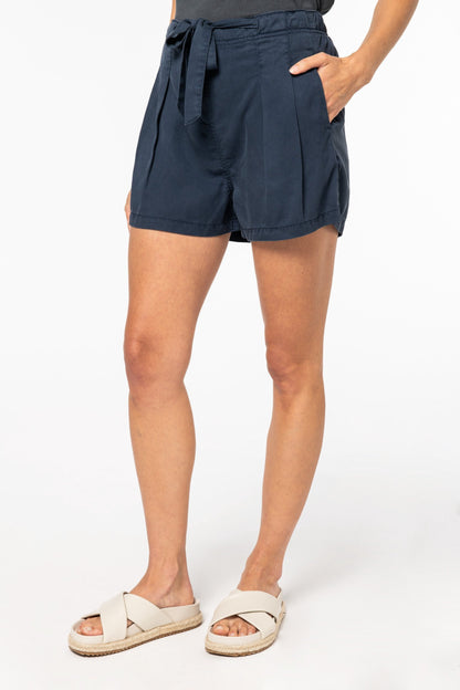 Close-up of soft and comfortable TENCEL™ Lyocell fabric in luxury women's flared shorts, featuring semi-elasticated waistband for an exquisite fit.