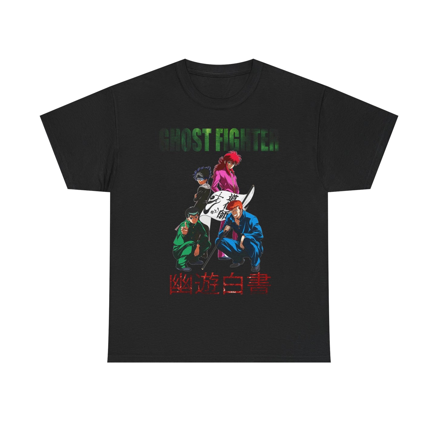 Stylish black Ghost Fighter graphic T-shirt adorned with animated legends, crafted for the discerning anime aficionado who values quality and aesthetics.