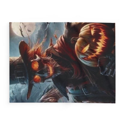 Luxurious Decorative and Warm Halloween Spooky Arctic Fleece Blanket featuring a striking design of a scarily enchanting figure with pumpkins, perfect for adding seasonal charm to your decor.