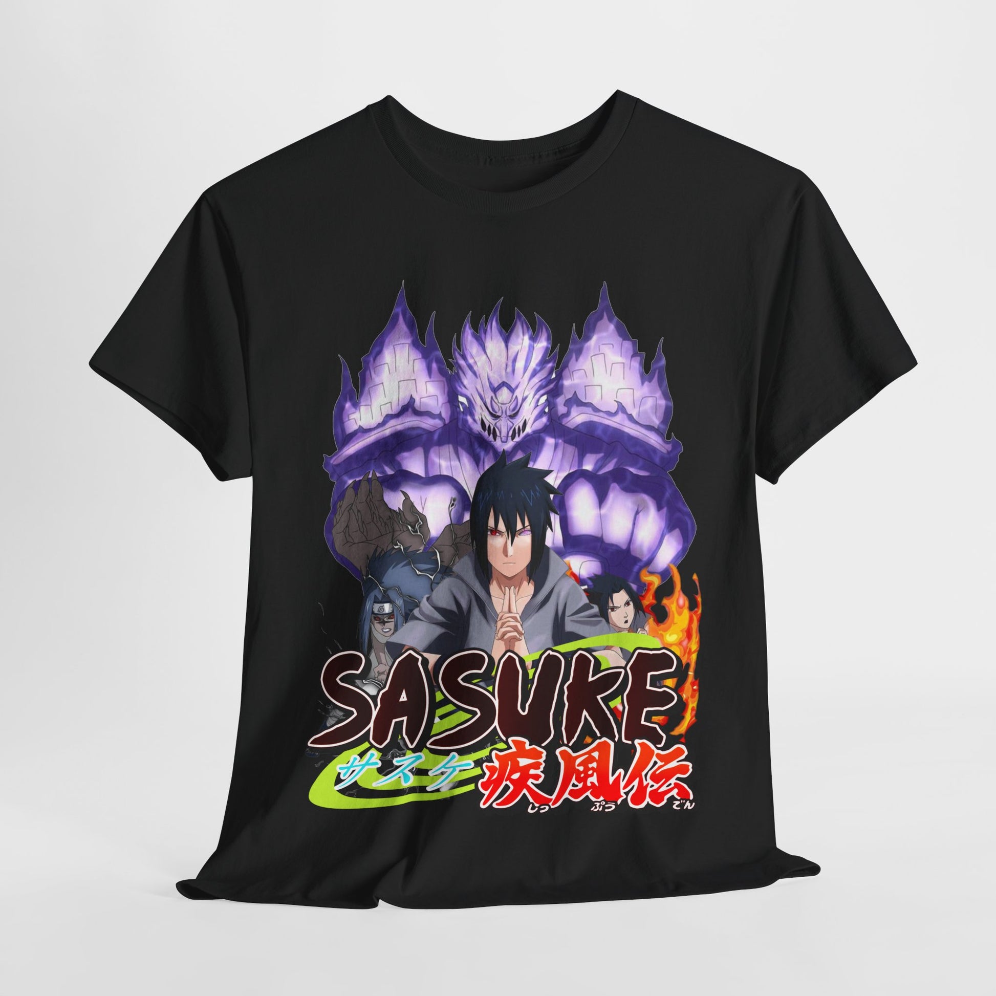 Luxurious black Sasuke graphic tee featuring a dynamic illustration of Sasuke and his transformed form surrounded by vibrant colours, perfect for anime enthusiasts.