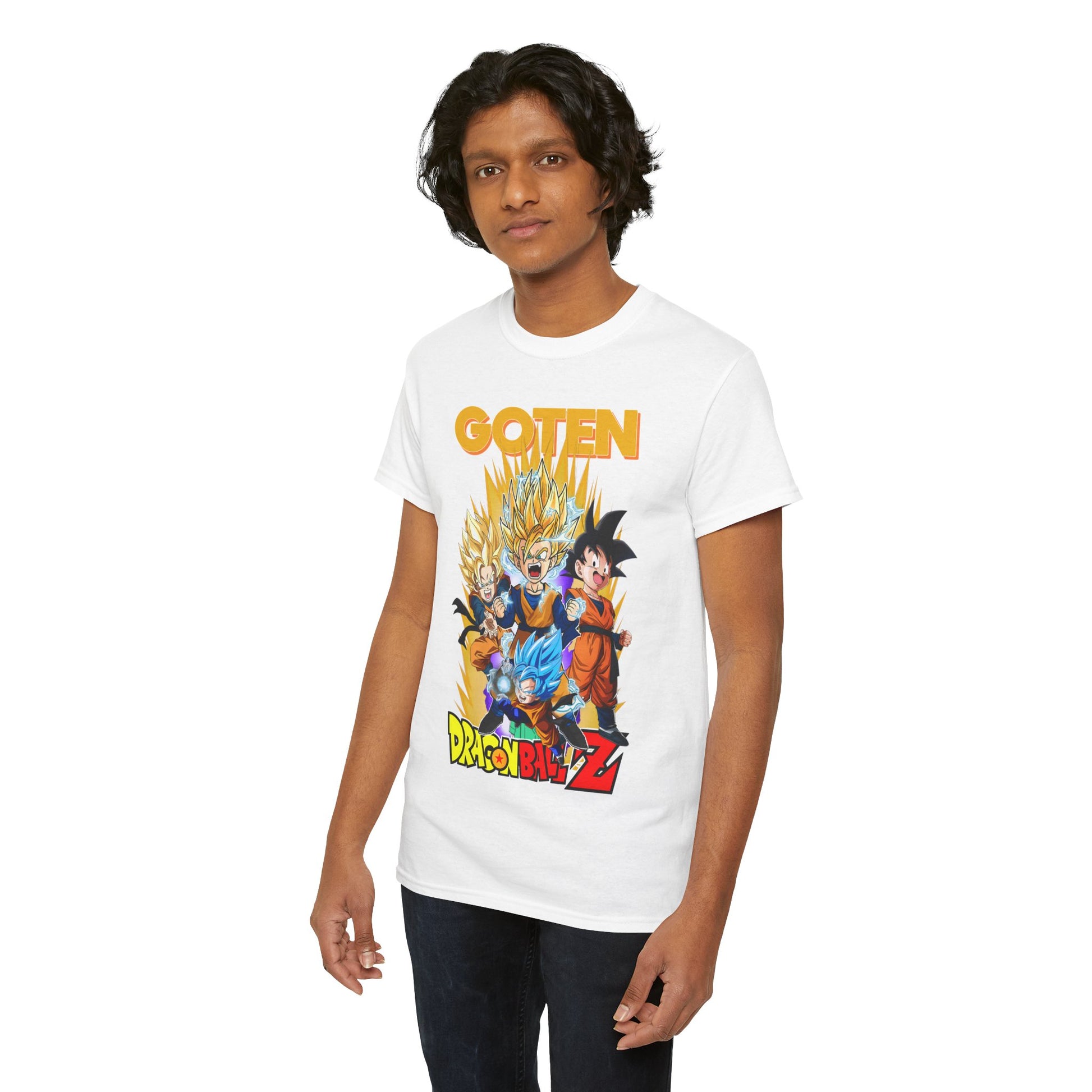 Stylish white GOTEN Rising T-Shirt adorned with iconic Dragon Ball Z characters, perfect for fans wanting to blend comfort with luxury.