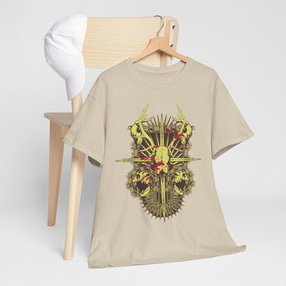 Luxe men's artistic t-shirt elegantly draped over a chair, featuring a detailed skull and antler design, perfect for the adventurous spirit.