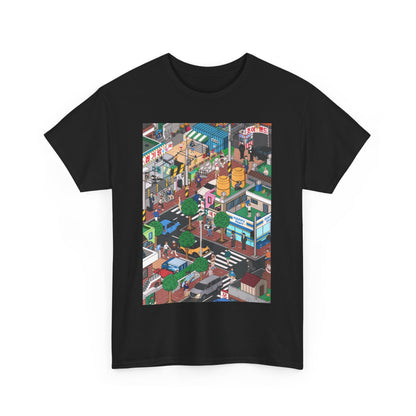 Elegant black cotton t-shirt showcasing an intricate illustration of a bustling city street, inspired by 'Squid Game', designed for those who appreciate cutting-edge streetwear.