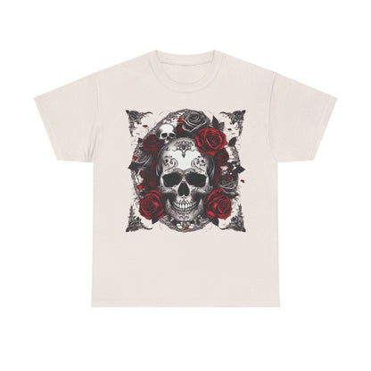 Skulls and Roses Cotton Tee in elegant cream, showcasing a stunning steampunk skull paired with rich red roses, ideal for making a bold fashion statement.