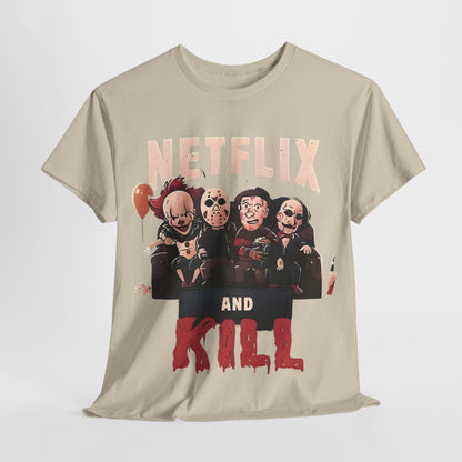 Netflix and Kill Graphic T-Shirt in a chic beige hue showcasing beloved horror icons in a whimsical layout for stylish casual wear.