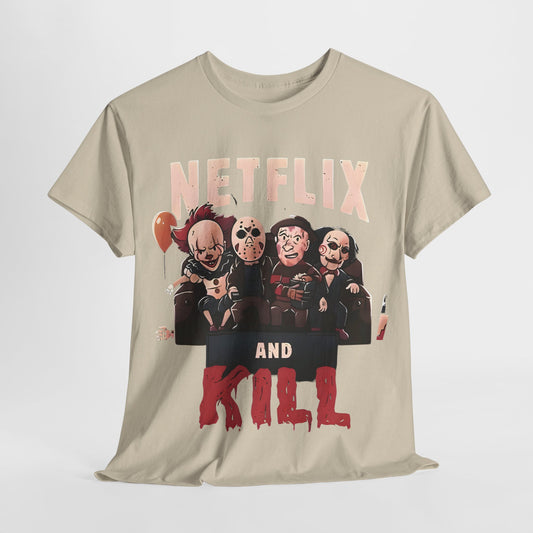 Netflix and Kill Graphic T-Shirt in a chic beige hue showcasing beloved horror icons in a whimsical layout for stylish casual wear.