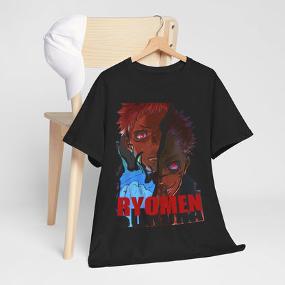 Chic black Ryomen Sukuna anime t-shirt elegantly styled on a wooden chair with a white cap, showcasing its vibrant design and luxurious appeal for anime lovers.