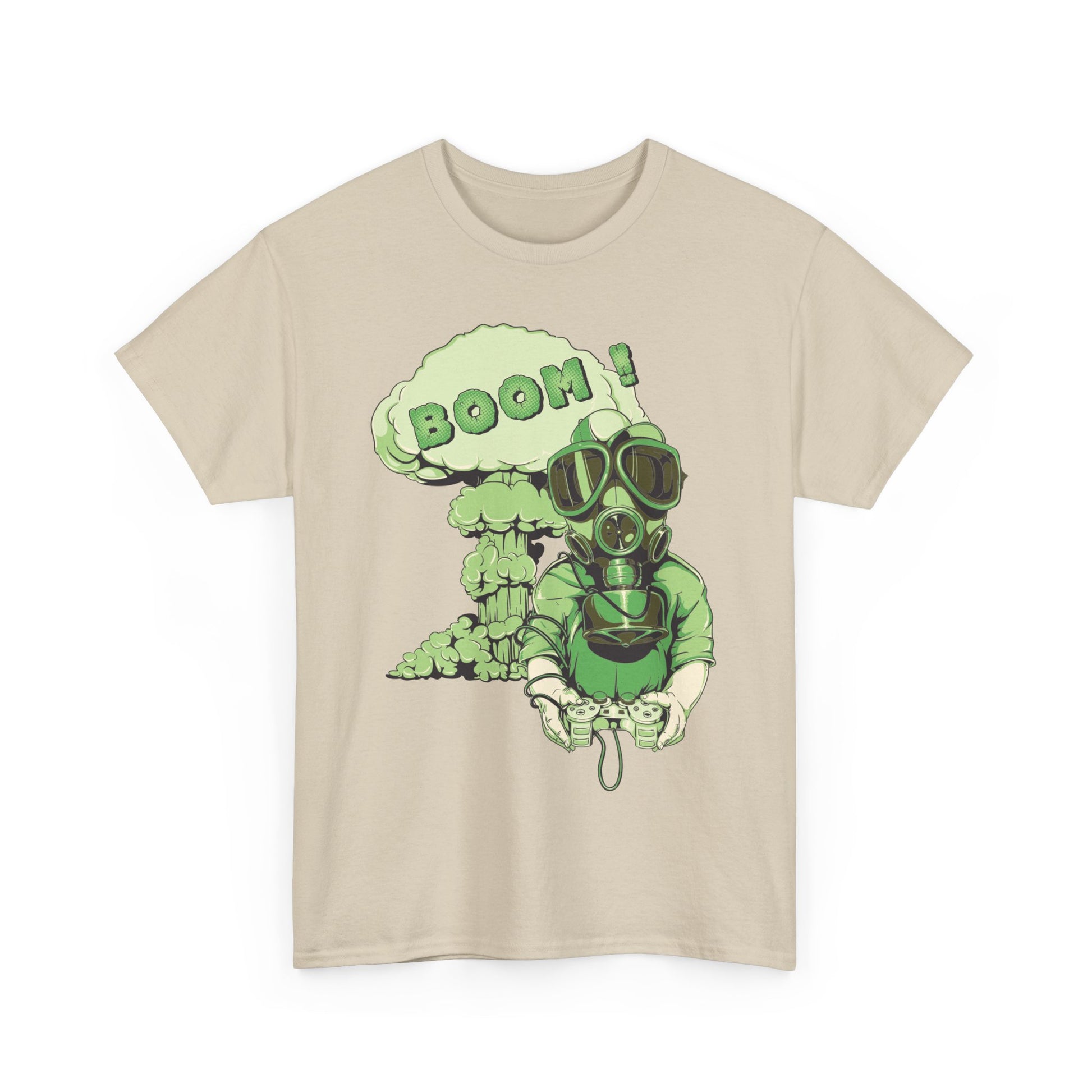 Elegant beige t-shirt featuring a striking illustration of a character in a gas mask, embodying a vibrant gaming theme.