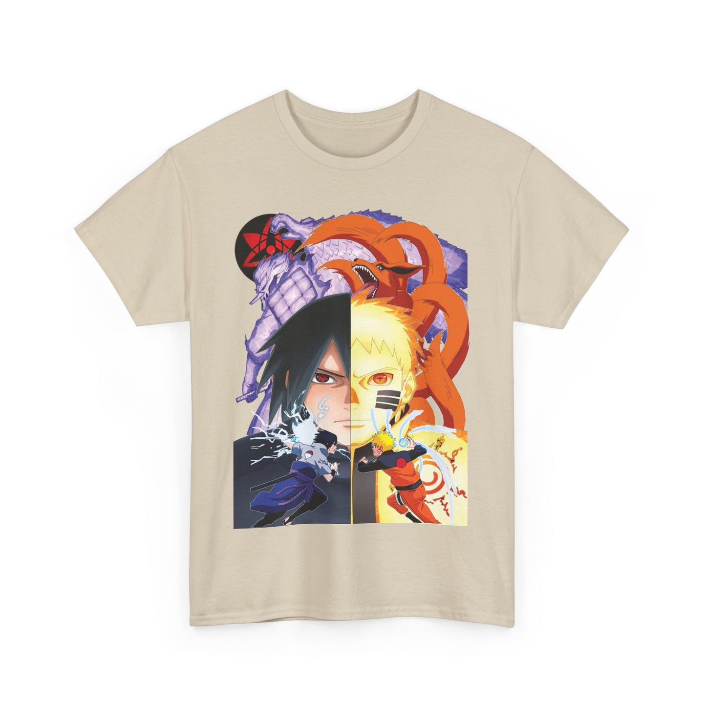 Luxury beige anime T-shirt featuring an intricate split-screen design with Sasuke and Naruto, capturing the essence of heroic rivalry in vivid colours.
