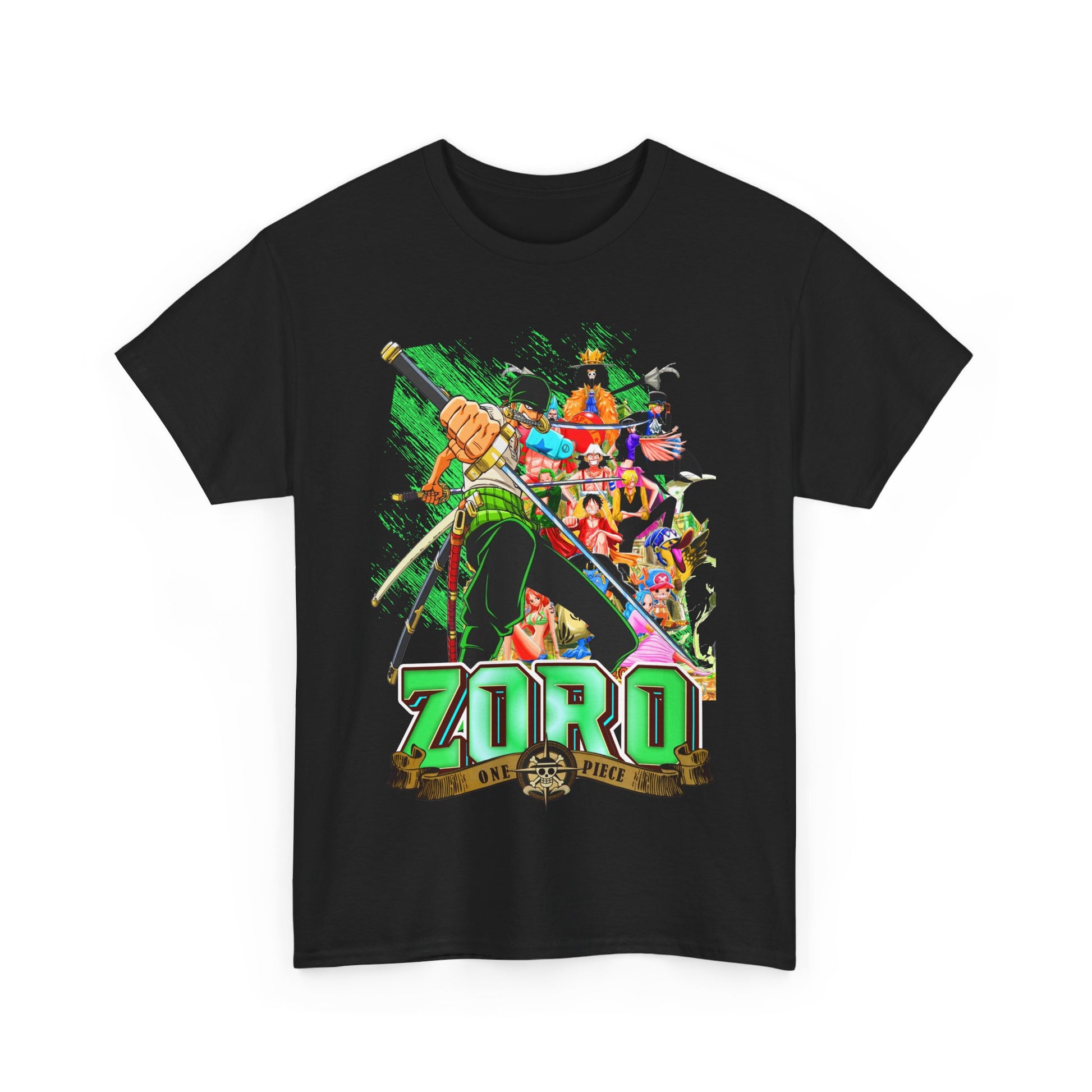 Premium One Piece Zoro T-shirt in black, showcasing a detailed illustration of Zoro in action with vivid colours, designed for the discerning anime aficionado.