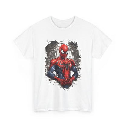 Front view of the Unleash Your Inner Hero with the Spider-Man Graphic Unisex Graphic Tee Shirt, vividly displaying Spider-Man with a dynamic background for comic book fans.