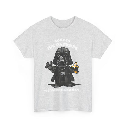 Darth Vader Minion Graphic Unisex T Shirt Tee featuring the text 'COME TO THE DARKSIDE, WE HAVE BANANAS!', perfect for fans of funny Minions designs.