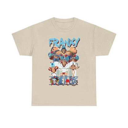 Elegant beige t-shirt adorned with a stunning graphic of 'One Piece' Franky, highlighting vibrant artwork and premium quality fabric, ideal for collectors and anime fans seeking style and comfort.
