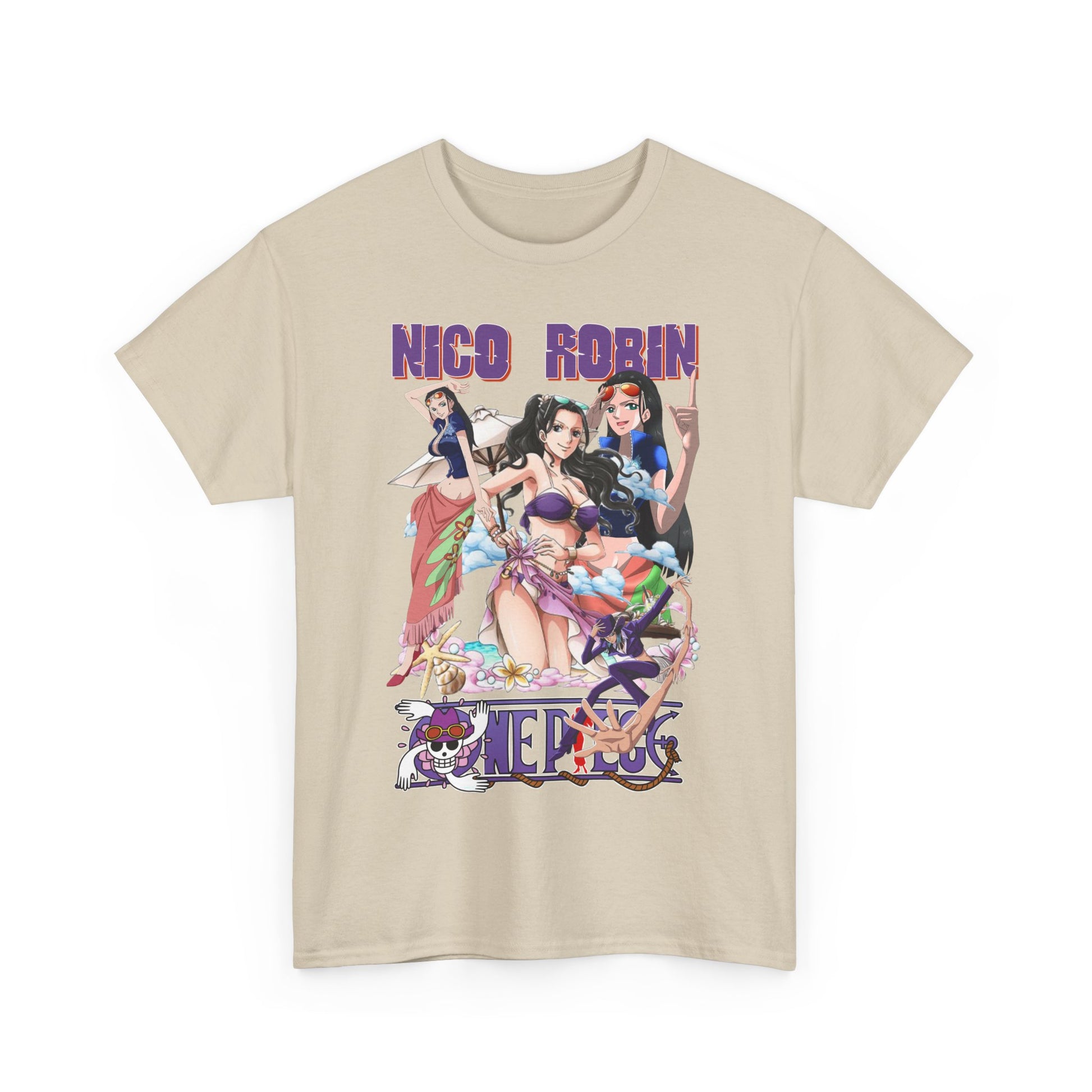 Sophisticated beige t-shirt displaying exquisite anime artwork, designed for a unique and fashionable statement.
