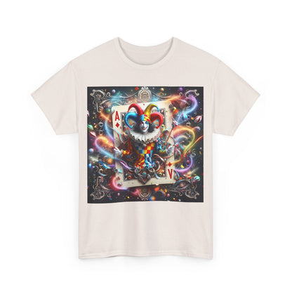 Front view of the light Harlequin Playing Card Graphic Tee for Unisex, adorned with a striking playing card design that merges playful elements with luxury fashion.