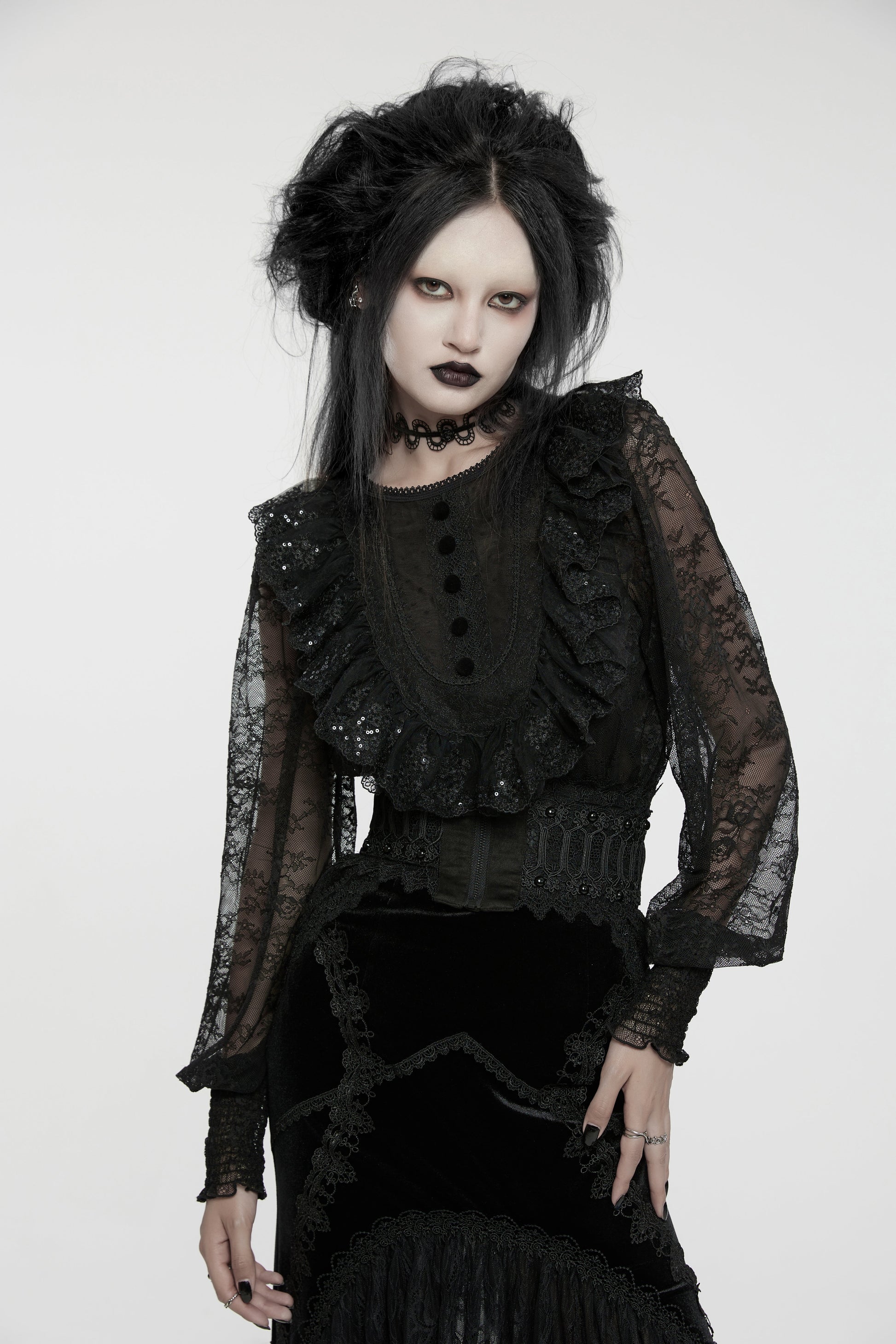 Elegant Punk Rave Demille Sequinned Lace Blouse showcasing luxurious lantern sleeves and exquisite sequin detailing.