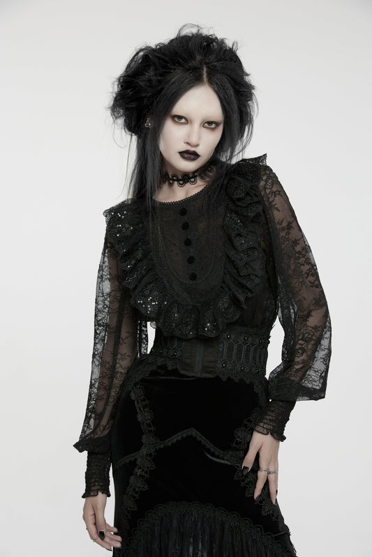 Elegant Punk Rave Demille Sequinned Lace Blouse showcasing luxurious lantern sleeves and exquisite sequin detailing.