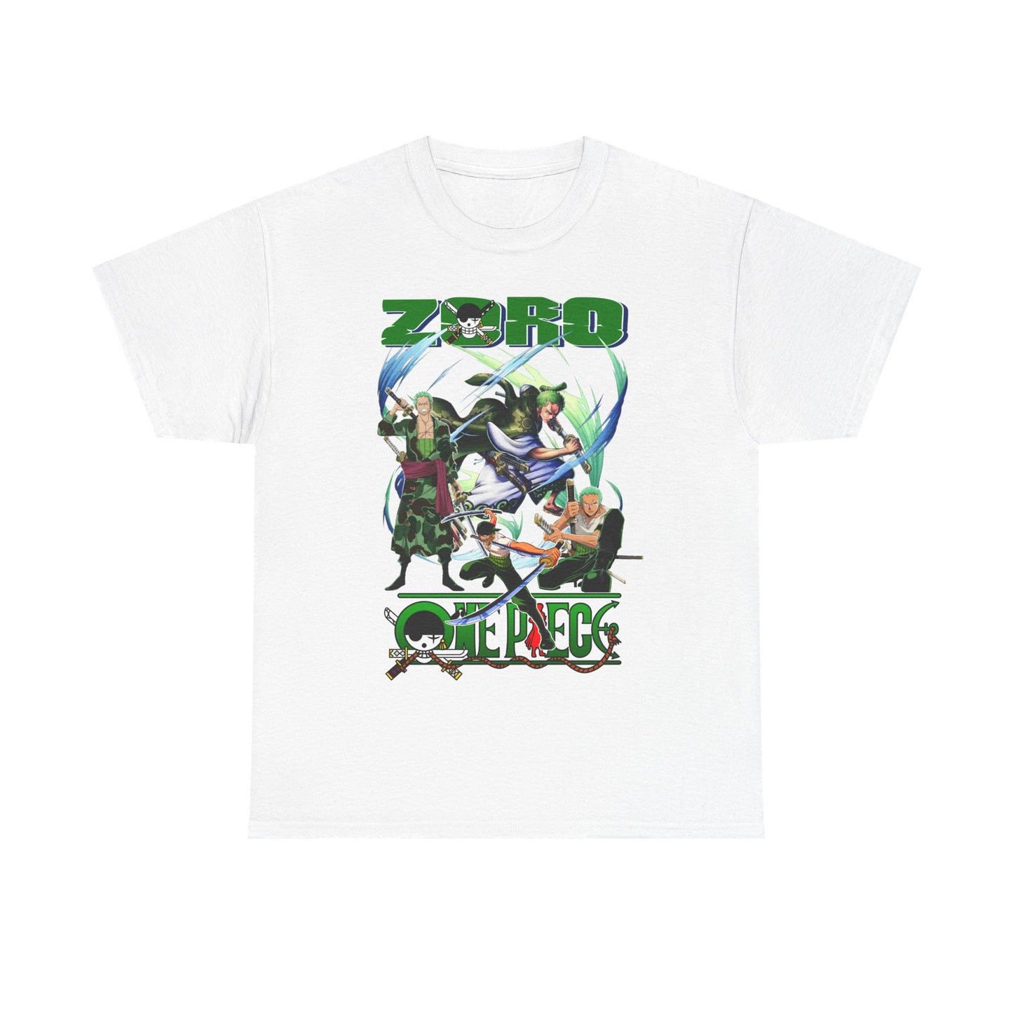 Elegant white One Piece T-Shirt showcasing a striking graphic of Zoro with fellow characters, ideal for those who appreciate high-quality anime apparel.