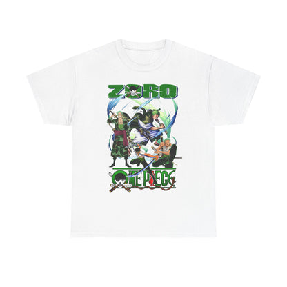 Elegant white One Piece T-Shirt showcasing a striking graphic of Zoro with fellow characters, ideal for those who appreciate high-quality anime apparel.